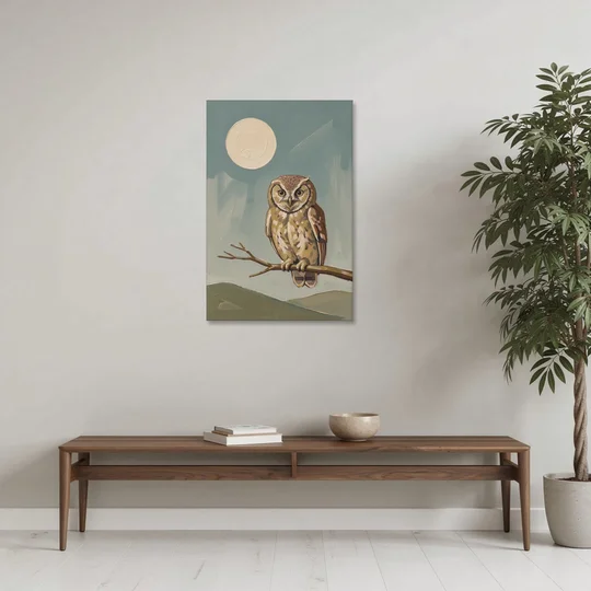 Mid Century Modern Gallery Wall Owl Under the Moon - Canvas Wall Art - Coffee Table - 24x36