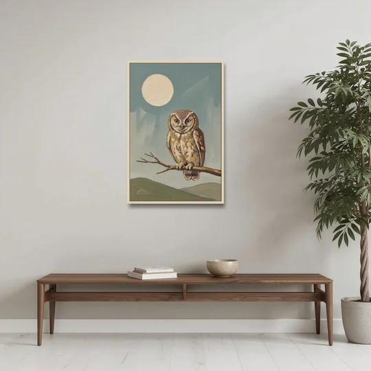 Mid Century Modern Gallery Wall Owl Under the Moon - Oak Framed Canvas Wall Art - Coffee Table - 24x36