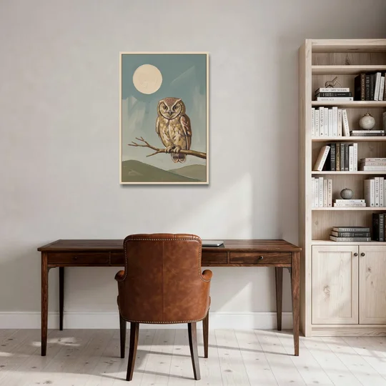 Mid Century Modern Gallery Wall Owl Under the Moon - Oak Framed Canvas Wall Art - Office - 24x36