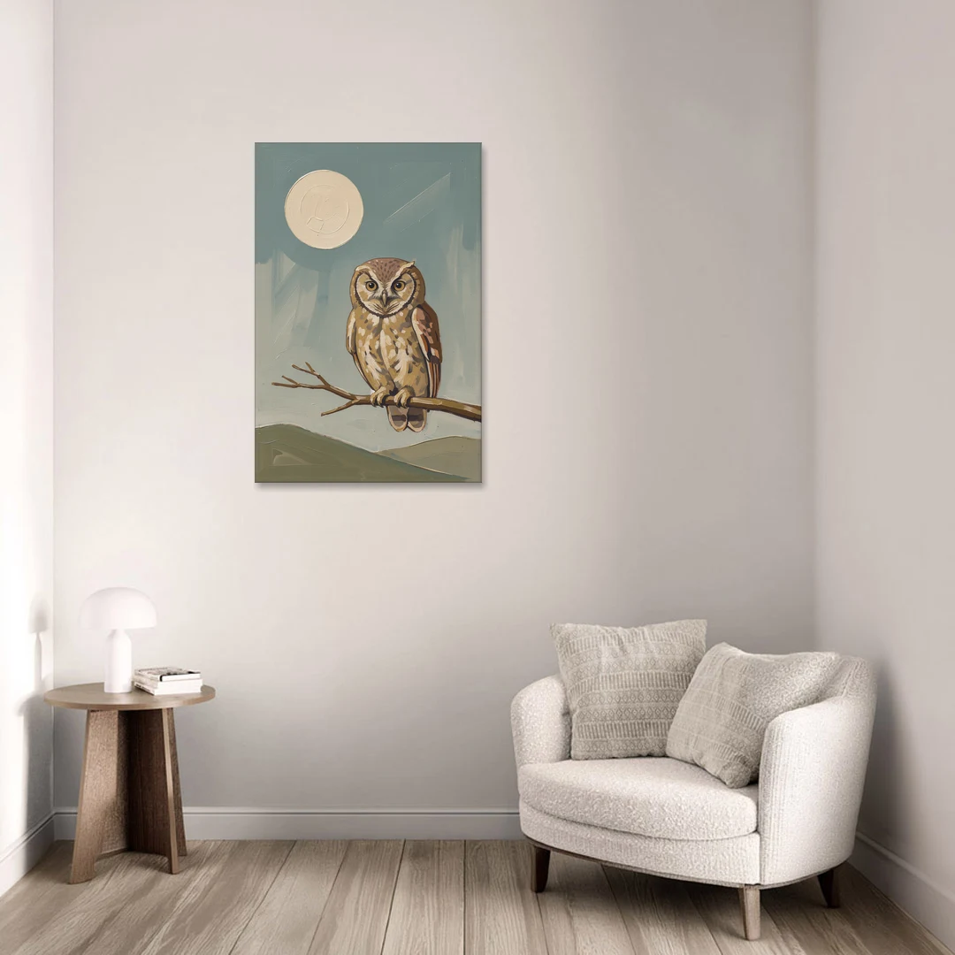 Mid Century Modern Gallery Wall Owl Under the Moon - Canvas Wall Art - Sofa - 24x36