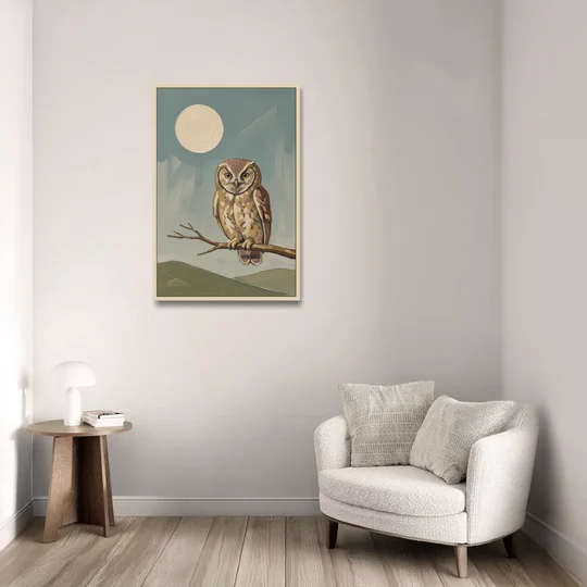 Mid Century Modern Gallery Wall Owl Under the Moon - Oak Framed Canvas Wall Art - Sofa - 24x36