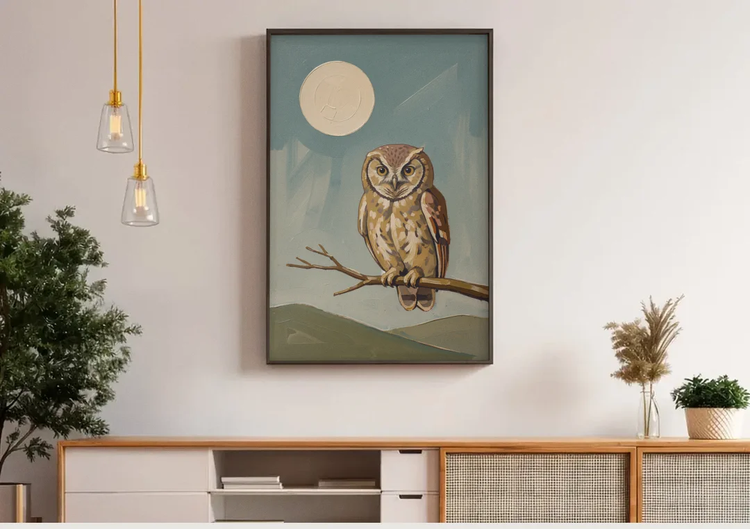 Mid Century Modern Gallery Wall Owl Under the Moon canvas wall art above a wooden sideboard under pendant lights