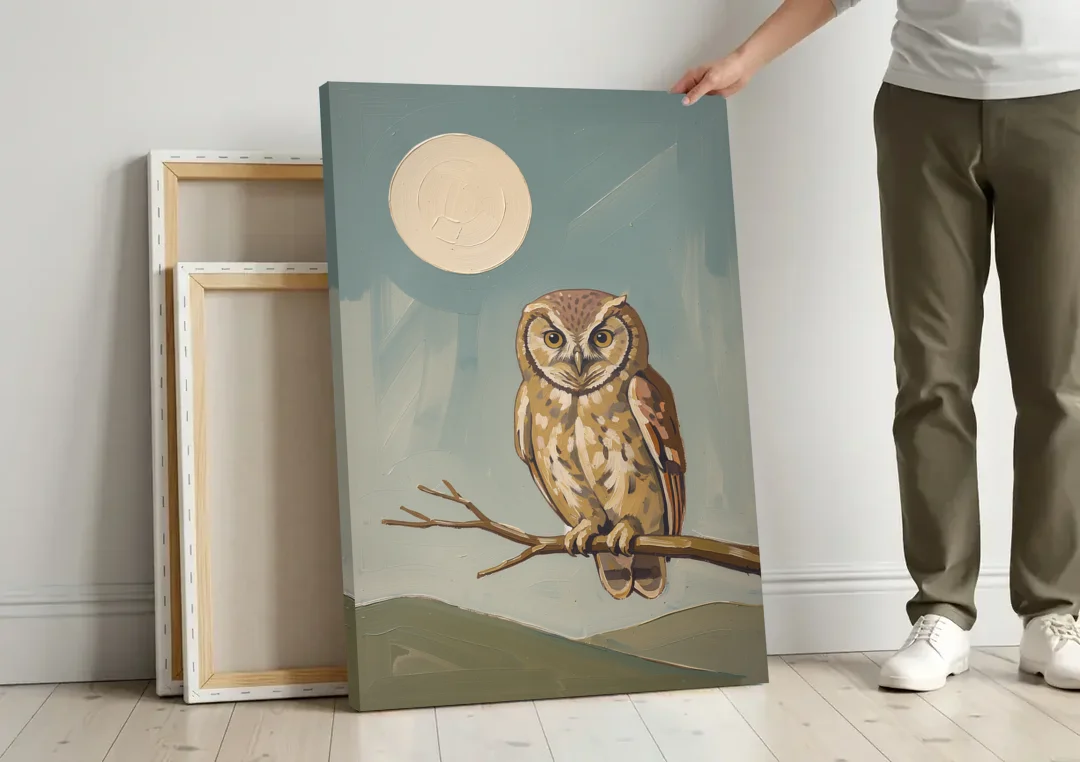 Mid Century Modern Gallery Wall Owl Under the Moon canvas wall art leaning against a wall next to blank canvases