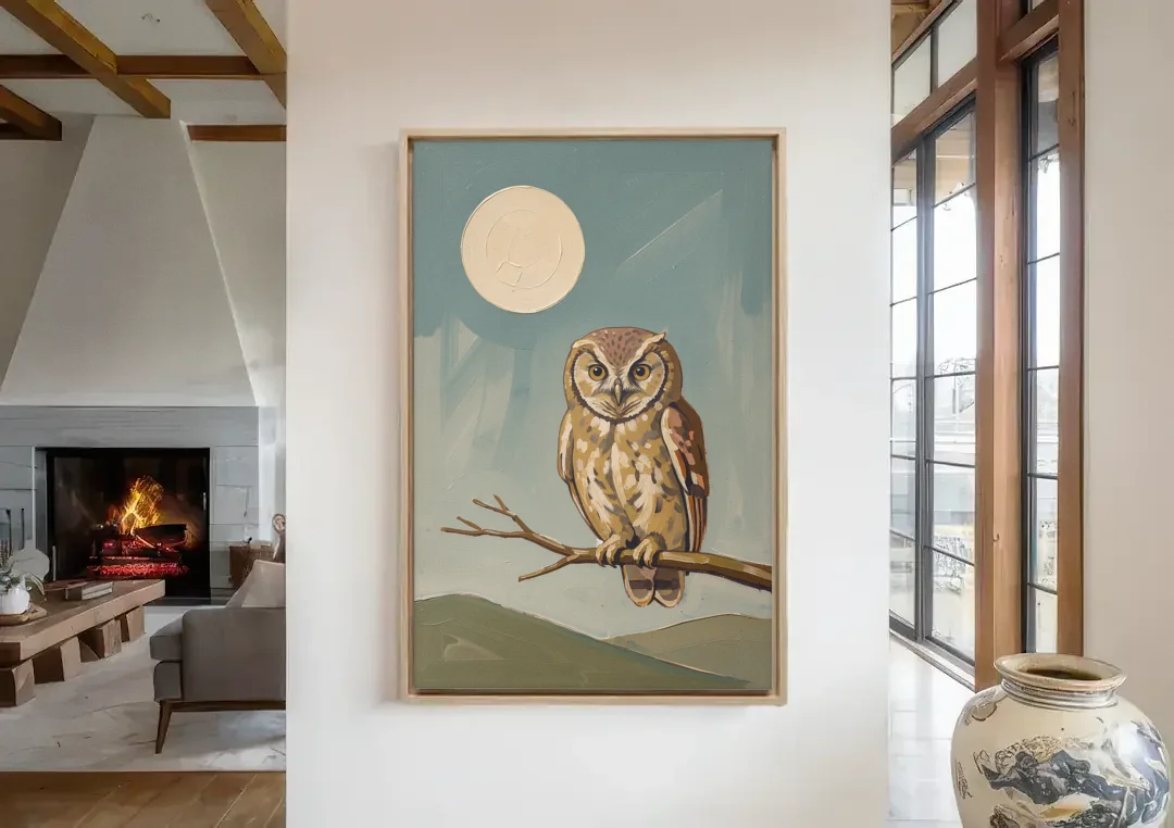 Mid Century Modern Gallery Wall Owl Under the Moon canvas wall art in a living room with a fireplace
