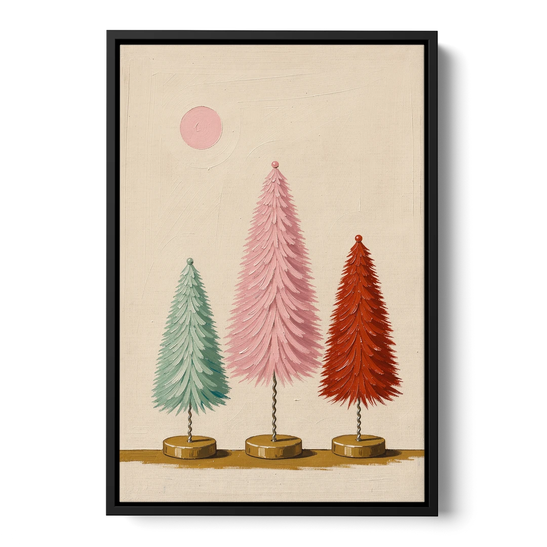 Mid Century Modern Holiday Decor of Bottle Brush Trees - Black Framed Canvas Wall Art - Front