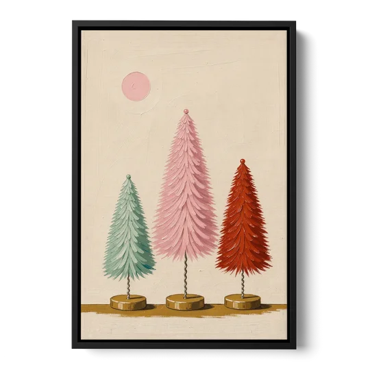Mid Century Modern Holiday Decor of Bottle Brush Trees - Black Framed Canvas Wall Art - Front