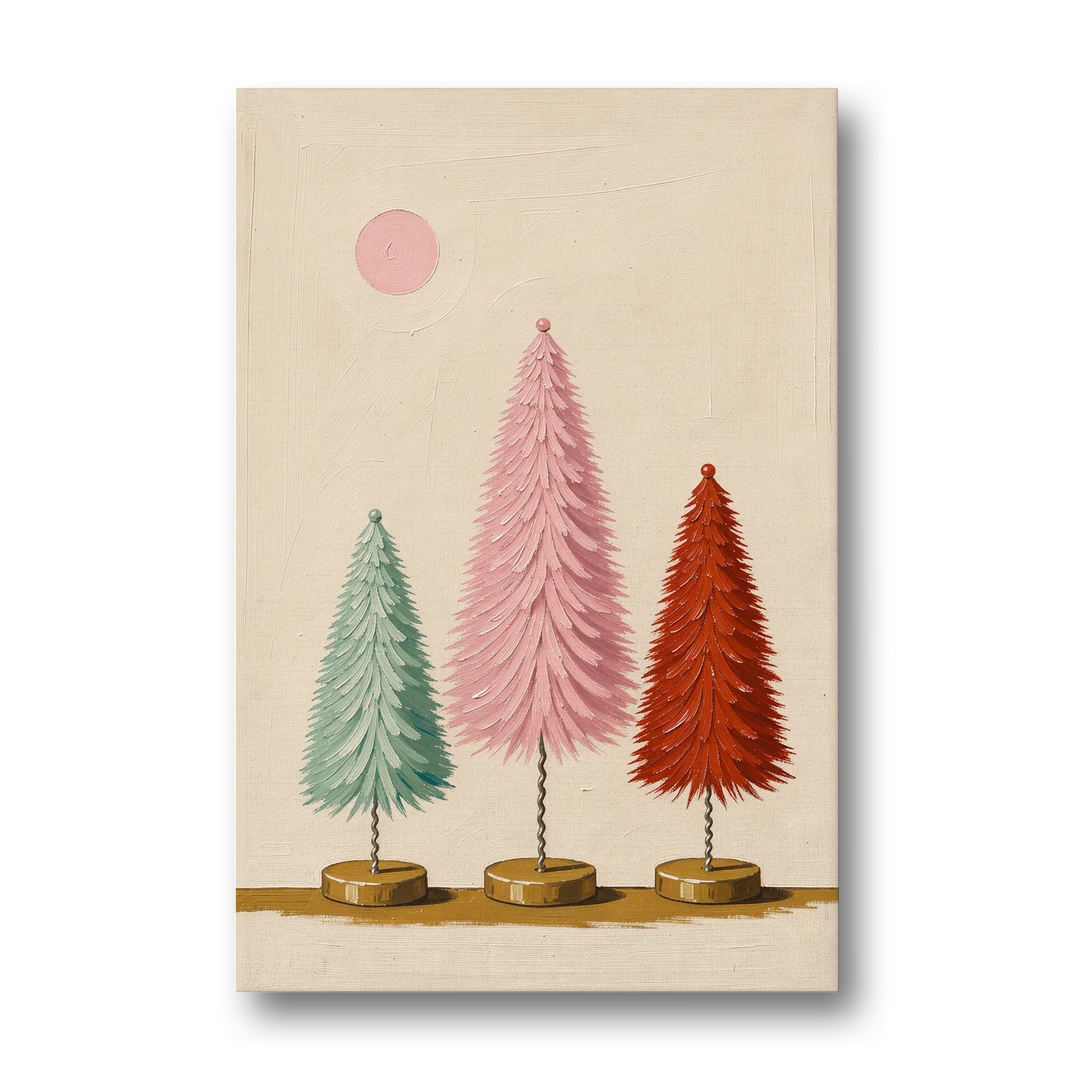 Mid Century Modern Holiday Decor of Bottle Brush Trees - Canvas Wall Art - Front