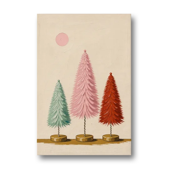Mid Century Modern Holiday Decor of Bottle Brush Trees - Canvas Wall Art - Front