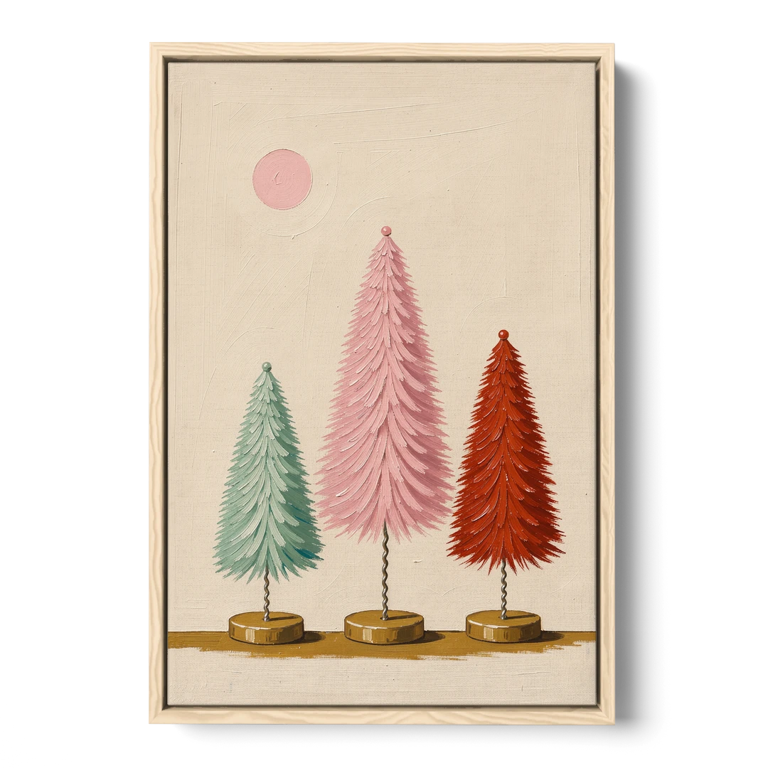 Mid Century Modern Holiday Decor of Bottle Brush Trees - Oak Framed Canvas Wall Art - Front