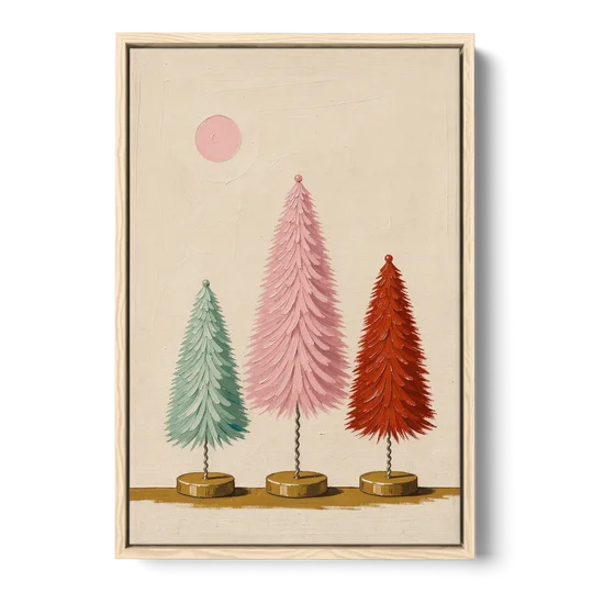 Mid Century Modern Holiday Decor of Bottle Brush Trees - Oak Framed Canvas Wall Art - Front