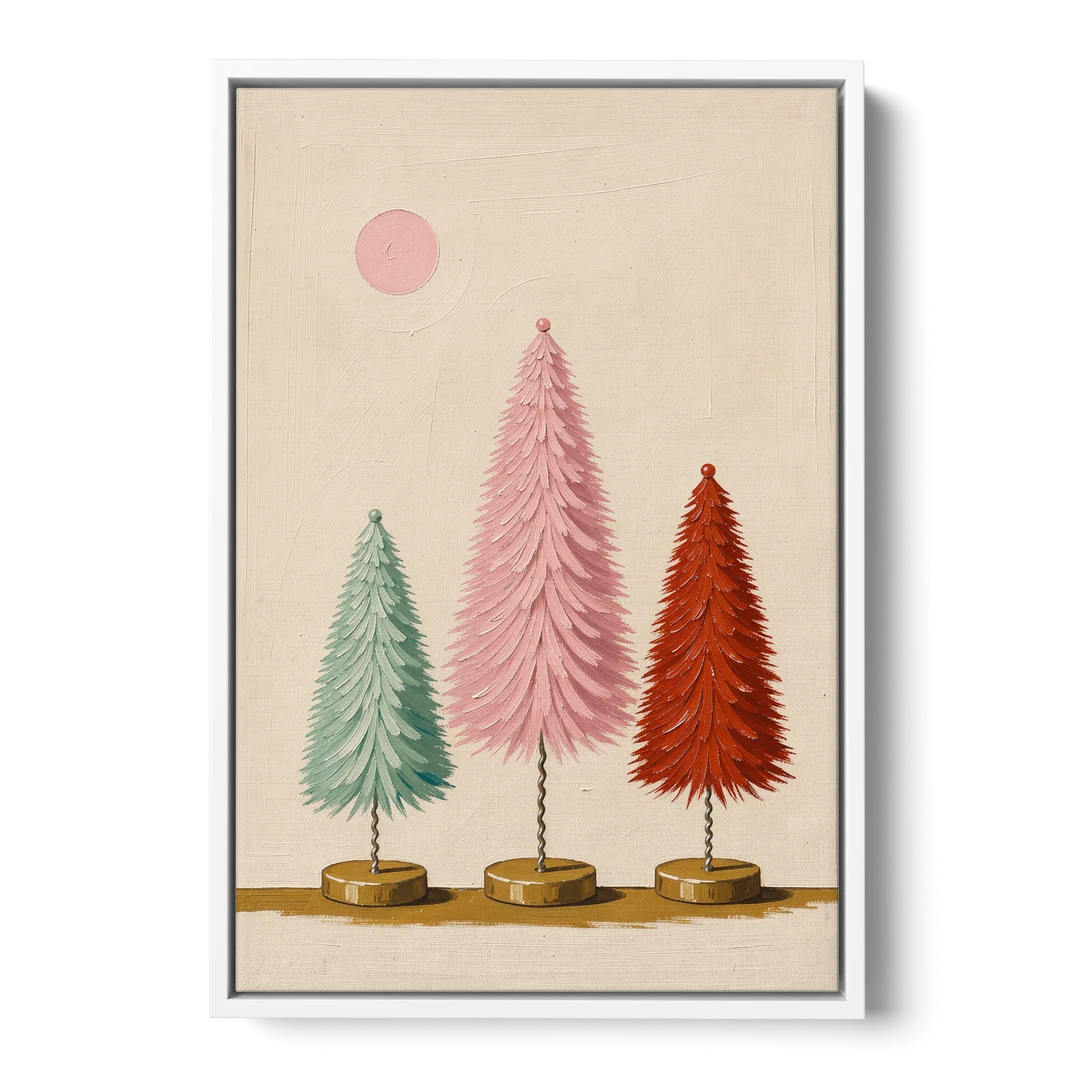 Mid Century Modern Holiday Decor of Bottle Brush Trees - White Framed Canvas Wall Art - Front