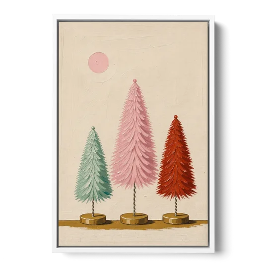 Mid Century Modern Holiday Decor of Bottle Brush Trees - White Framed Canvas Wall Art - Front