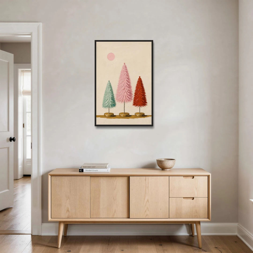 Mid Century Modern Holiday Decor of Bottle Brush Trees - Black Framed Canvas Wall Art - Coffee Table - 24x36