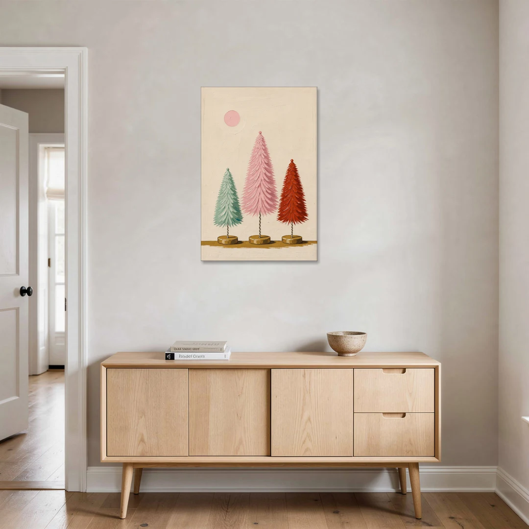 Mid Century Modern Holiday Decor of Bottle Brush Trees - Canvas Wall Art - Coffee Table - 24x36