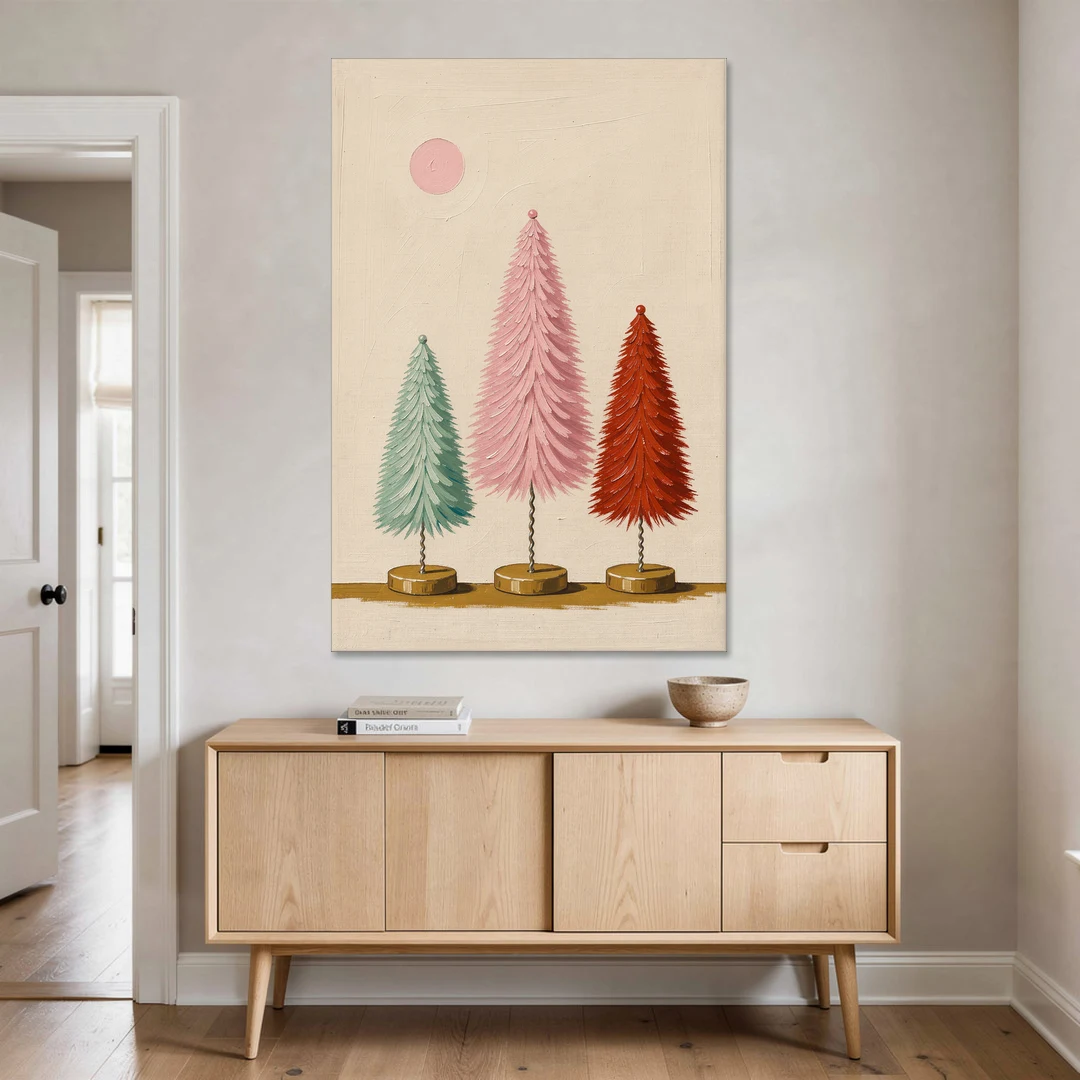 Mid Century Modern Holiday Decor of Bottle Brush Trees - Canvas Wall Art - Coffee Table - 40x60