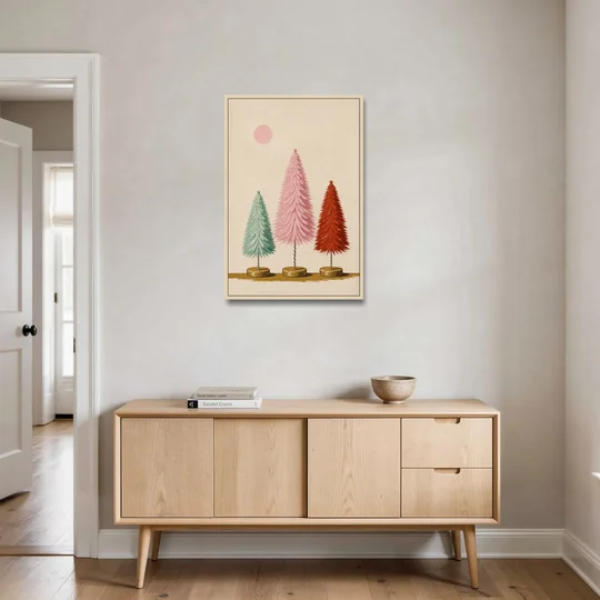 Mid Century Modern Holiday Decor of Bottle Brush Trees - Oak Framed Canvas Wall Art - Coffee Table - 24x36