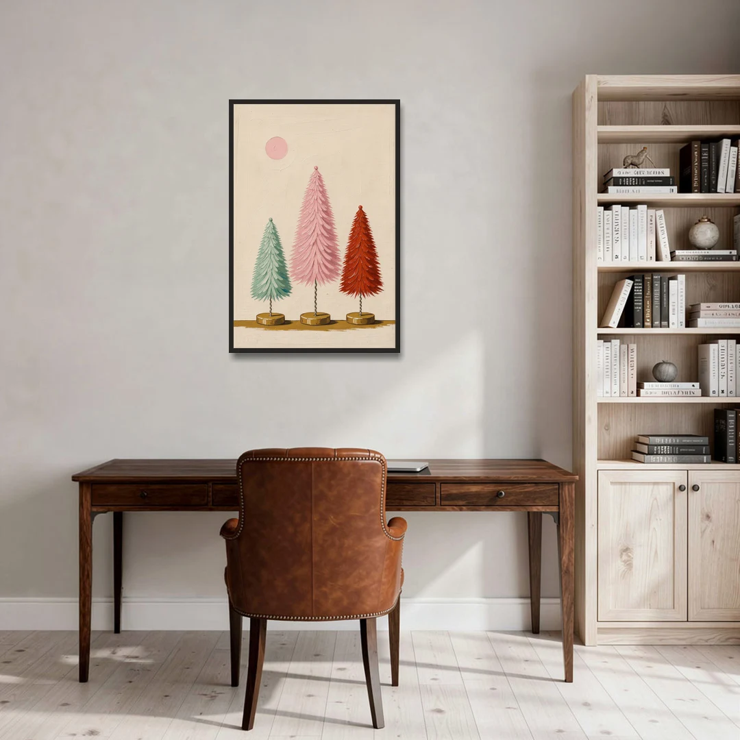 Mid Century Modern Holiday Decor of Bottle Brush Trees - Black Framed Canvas Wall Art - Office - 24x36