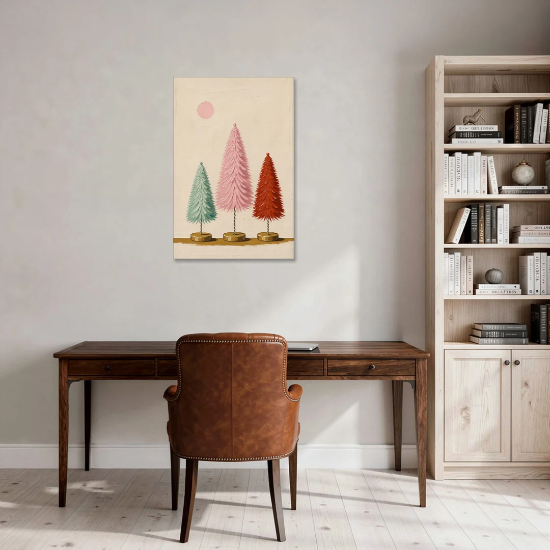 Mid Century Modern Holiday Decor of Bottle Brush Trees - Canvas Wall Art - Office - 24x36