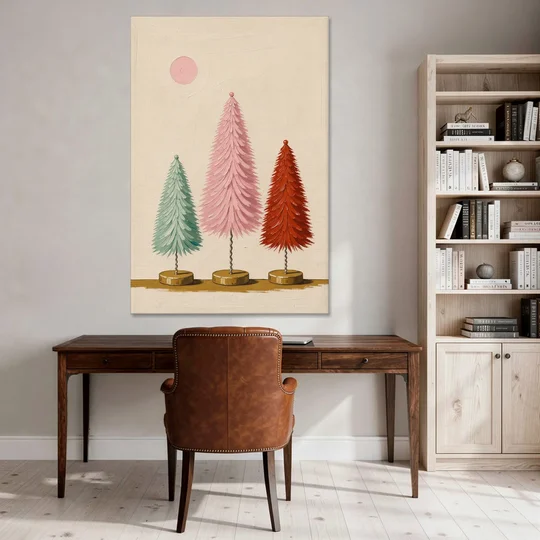 Mid Century Modern Holiday Decor of Bottle Brush Trees - Canvas Wall Art - Office - 40x60