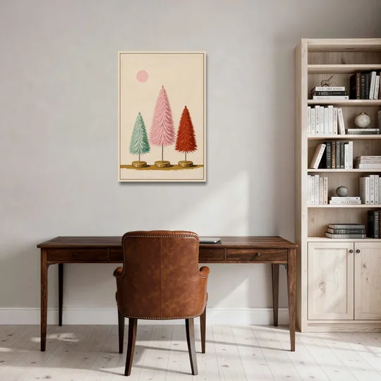 Mid Century Modern Holiday Decor of Bottle Brush Trees - Oak Framed Canvas Wall Art - Office - 24x36