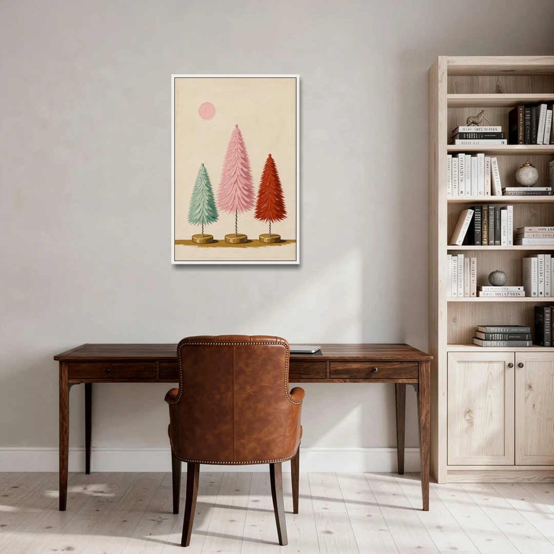 Mid Century Modern Holiday Decor of Bottle Brush Trees - White Framed Canvas Wall Art - Office - 24x36