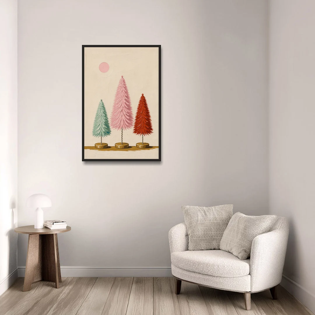 Mid Century Modern Holiday Decor of Bottle Brush Trees - Black Framed Canvas Wall Art - Sofa - 24x36