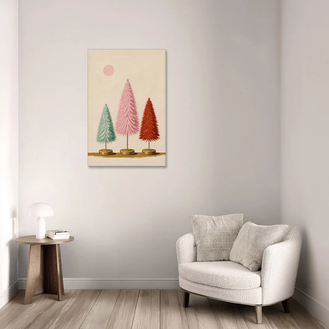 Mid Century Modern Holiday Decor of Bottle Brush Trees - Canvas Wall Art - Sofa - 24x36