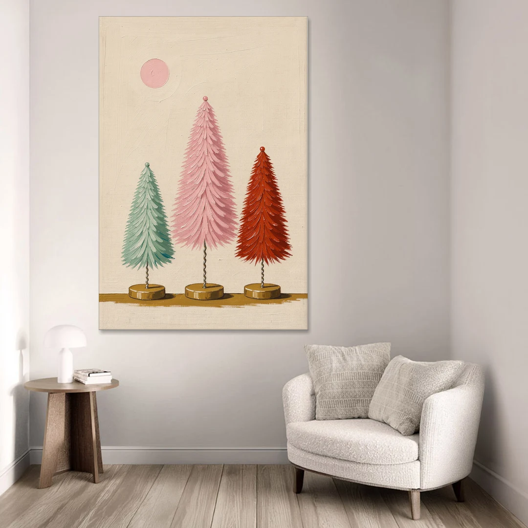Mid Century Modern Holiday Decor of Bottle Brush Trees - Canvas Wall Art - Sofa - 40x60