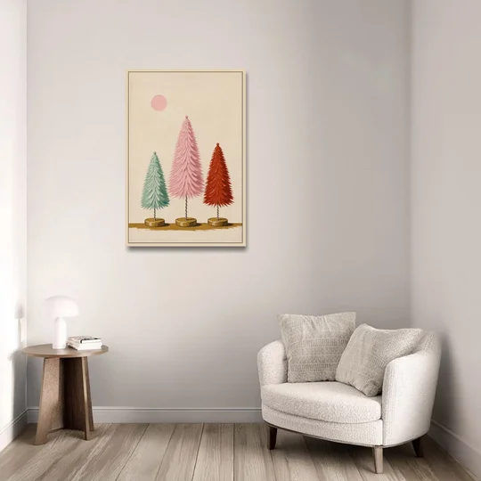 Mid Century Modern Holiday Decor of Bottle Brush Trees - Oak Framed Canvas Wall Art - Sofa - 24x36