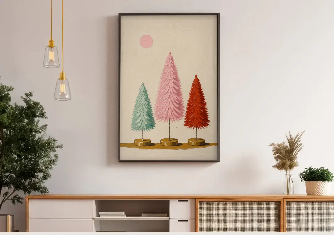 Mid Century Modern Holiday Decor of Bottle Brush Trees canvas wall art above a wooden sideboard under pendant lights