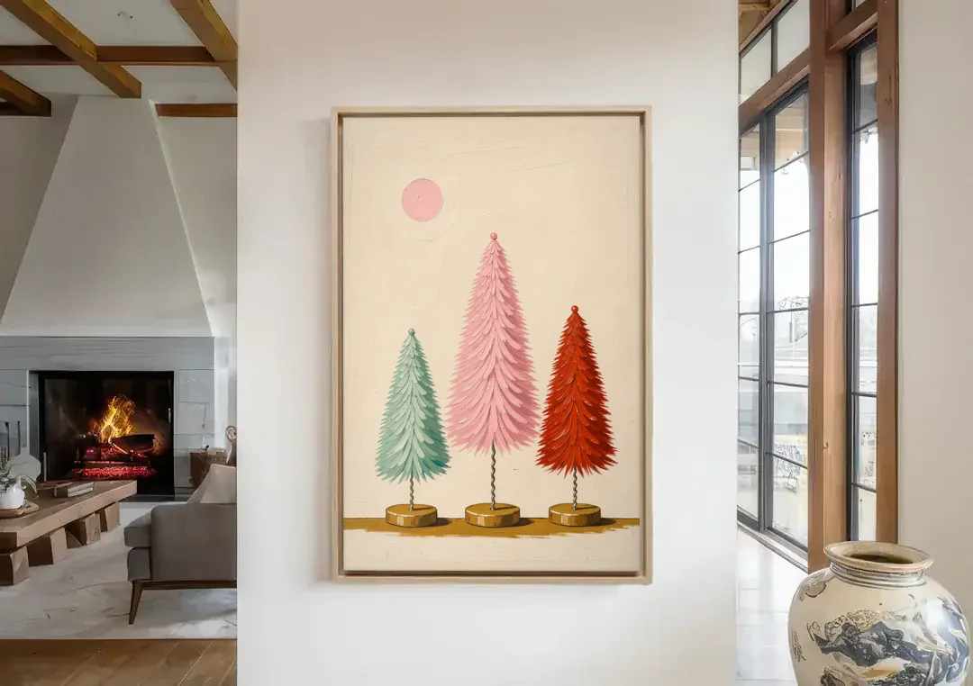Mid Century Modern Holiday Decor of Bottle Brush Trees canvas wall art in a living room with a fireplace