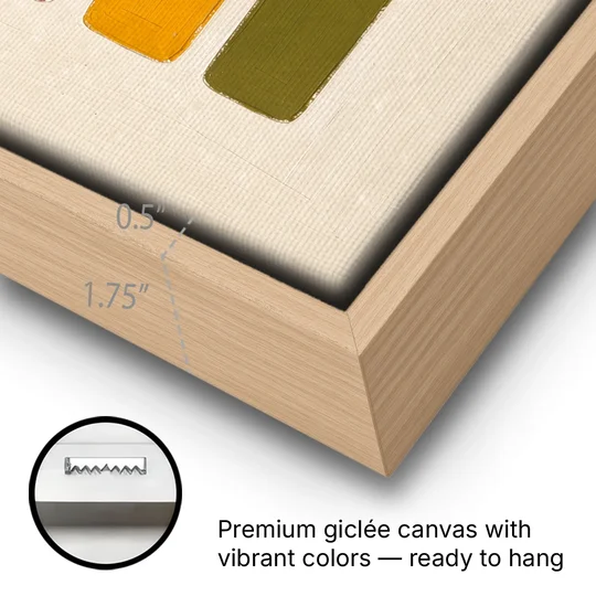 Mid Century Modern Home Decor with Five Stacked Swatches - Oak Framed Canvas Wall Art - Gallery Wrap Corner
