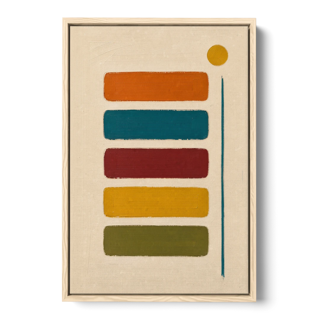 Mid Century Modern Home Decor with Five Stacked Swatches - Oak Framed Canvas Wall Art - Front