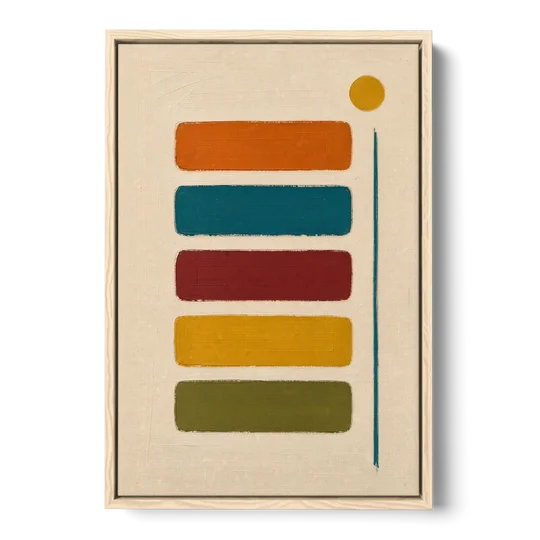 Mid Century Modern Home Decor with Five Stacked Swatches - Oak Framed Canvas Wall Art - Front