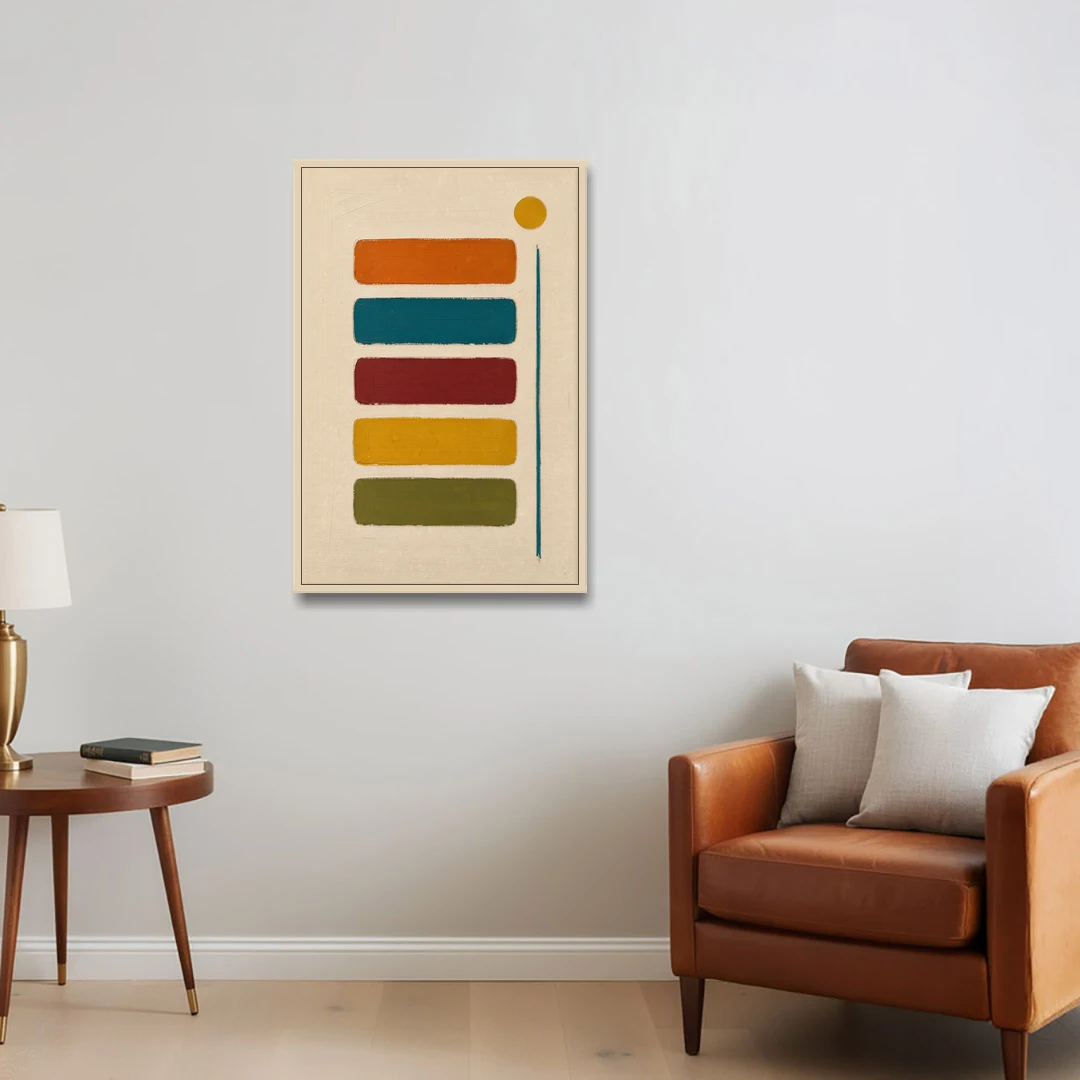 Mid Century Modern Home Decor with Five Stacked Swatches - Oak Framed Canvas Wall Art - Sofa - 24x36