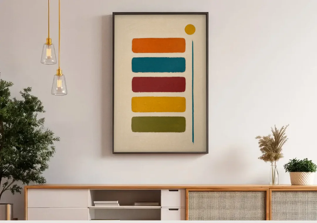 Mid Century Modern Home Decor with Five Stacked Swatches canvas wall art above a wooden sideboard under pendant lights