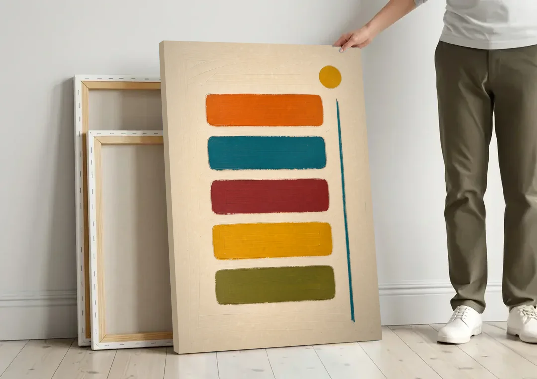 Mid Century Modern Home Decor with Five Stacked Swatches canvas wall art leaning against a wall next to blank canvases