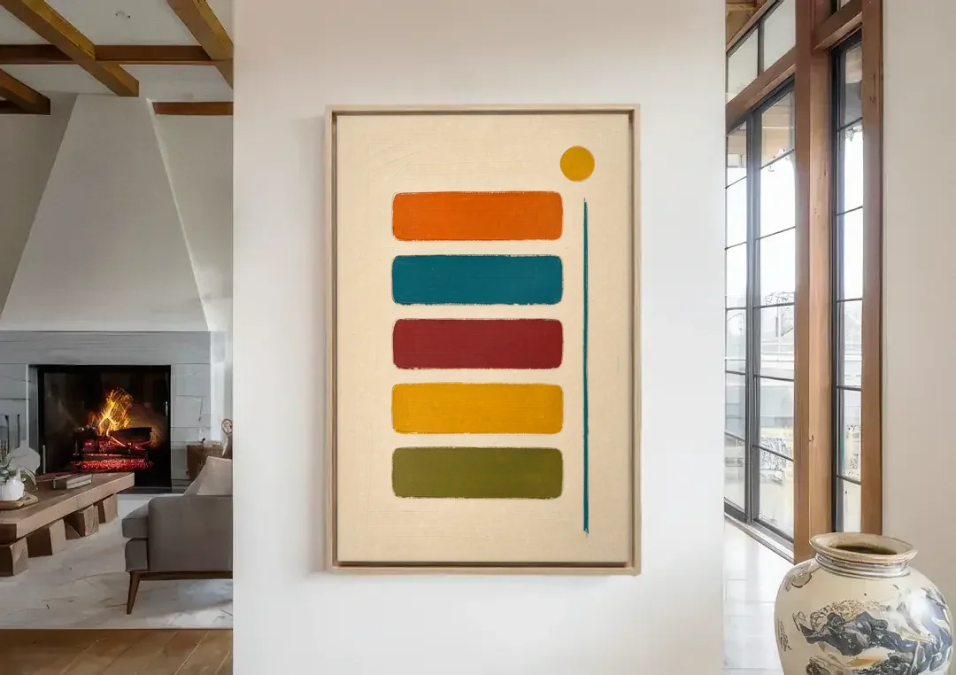 Mid Century Modern Home Decor with Five Stacked Swatches canvas wall art in a living room with a fireplace