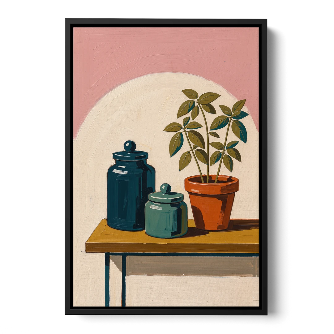 Mid Century Modern Kitchen Art with Jars and Basil - Black Framed Canvas Wall Art - Front