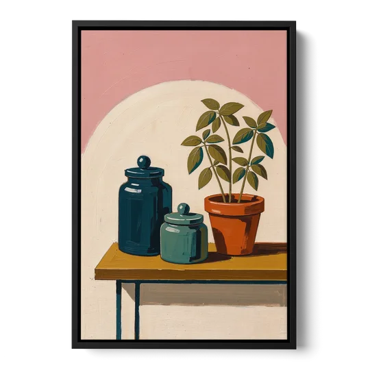 Mid Century Modern Kitchen Art with Jars and Basil - Black Framed Canvas Wall Art - Front