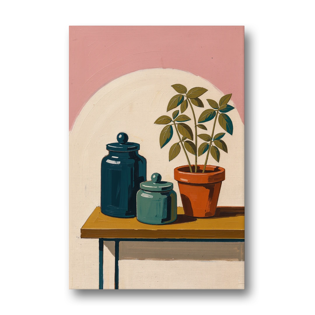 Mid Century Modern Kitchen Art with Jars and Basil - Canvas Wall Art - Front
