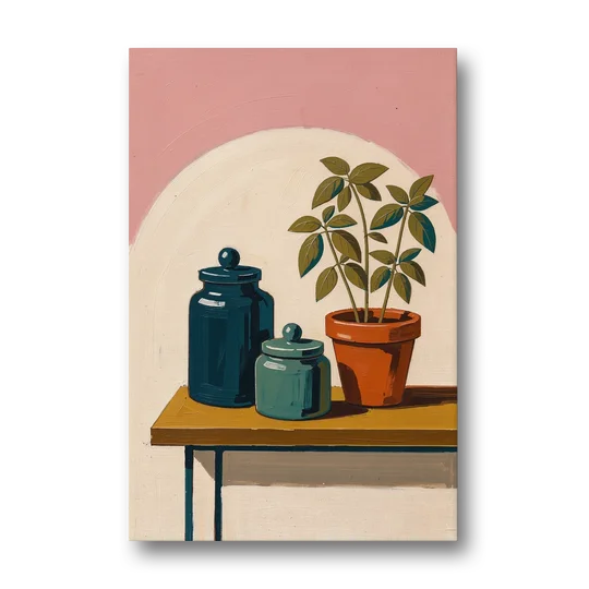Mid Century Modern Kitchen Art with Jars and Basil - Canvas Wall Art - Front