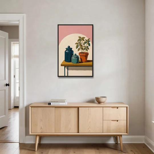 Mid Century Modern Kitchen Art with Jars and Basil - Black Framed Canvas Wall Art - Coffee Table - 24x36