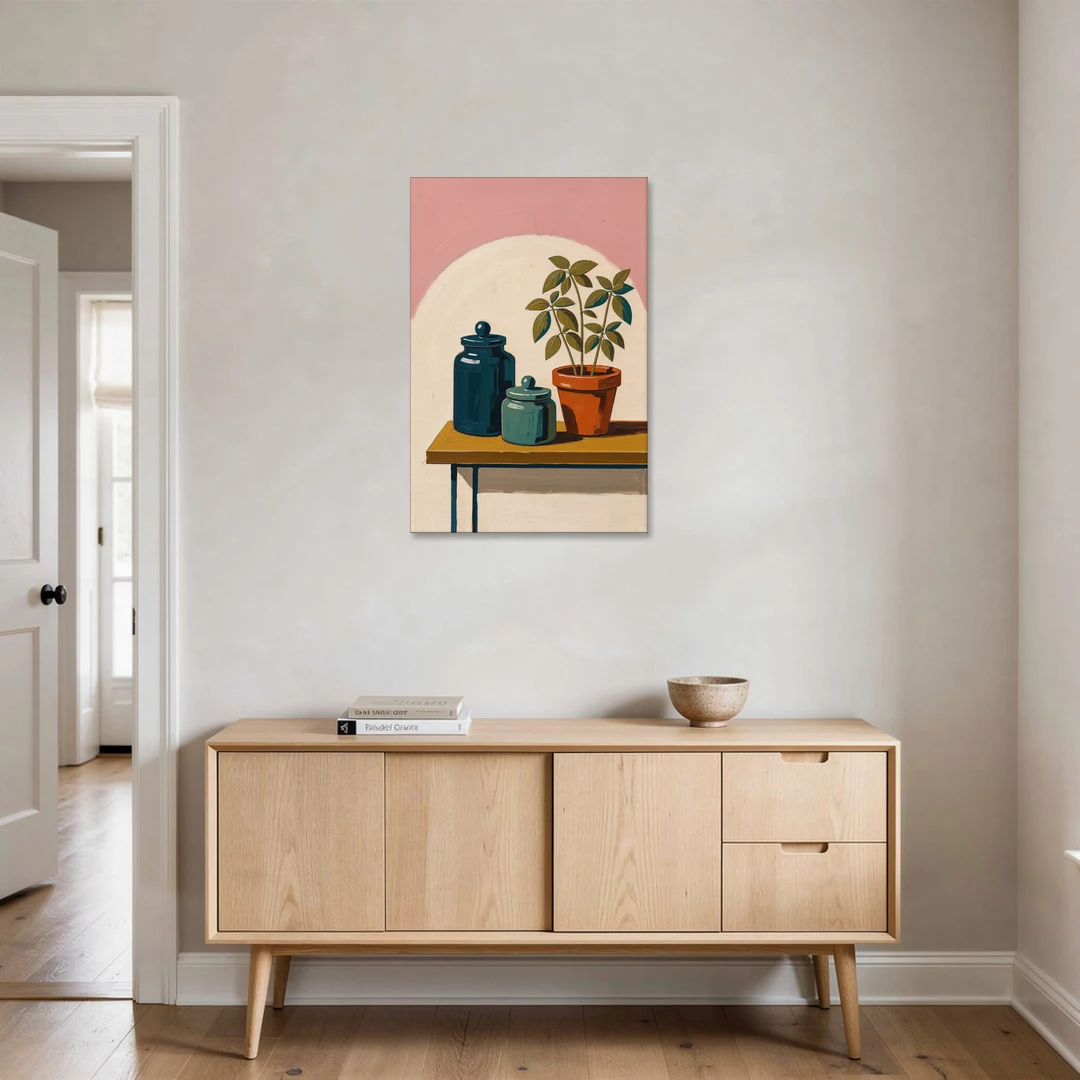 Mid Century Modern Kitchen Art with Jars and Basil - Canvas Wall Art - Coffee Table - 24x36