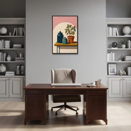 Mid Century Modern Kitchen Art with Jars and Basil - Black Framed Canvas Wall Art - Office - 24x36