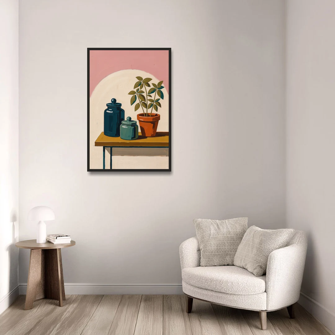 Mid Century Modern Kitchen Art with Jars and Basil - Black Framed Canvas Wall Art - Sofa - 24x36