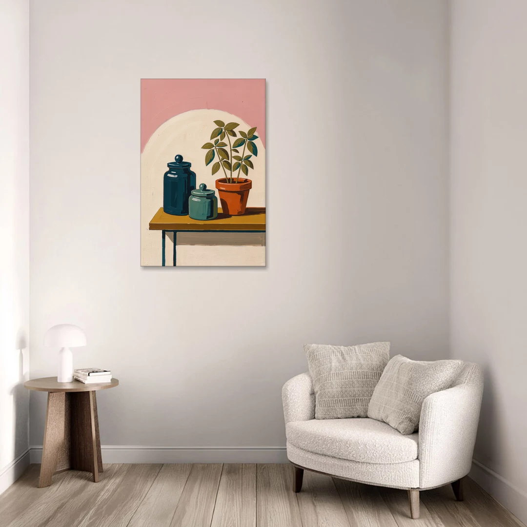 Mid Century Modern Kitchen Art with Jars and Basil - Canvas Wall Art - Sofa - 24x36
