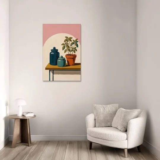 Mid Century Modern Kitchen Art with Jars and Basil - Canvas Wall Art - Sofa - 24x36
