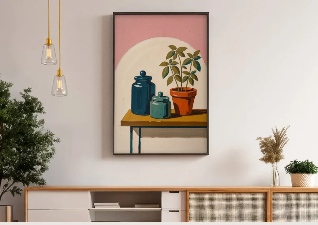 Mid Century Modern Kitchen Art with Jars and Basil canvas wall art above a wooden sideboard under pendant lights