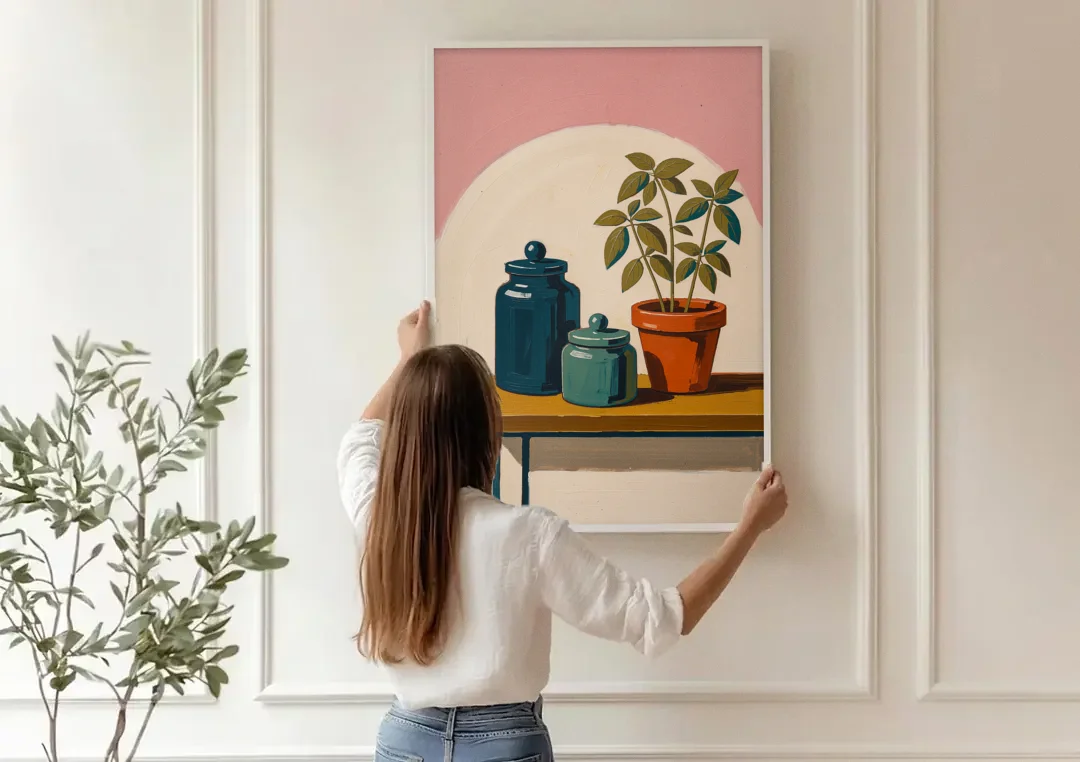 Mid Century Modern Kitchen Art with Jars and Basil canvas wall art being hung on a paneled wall